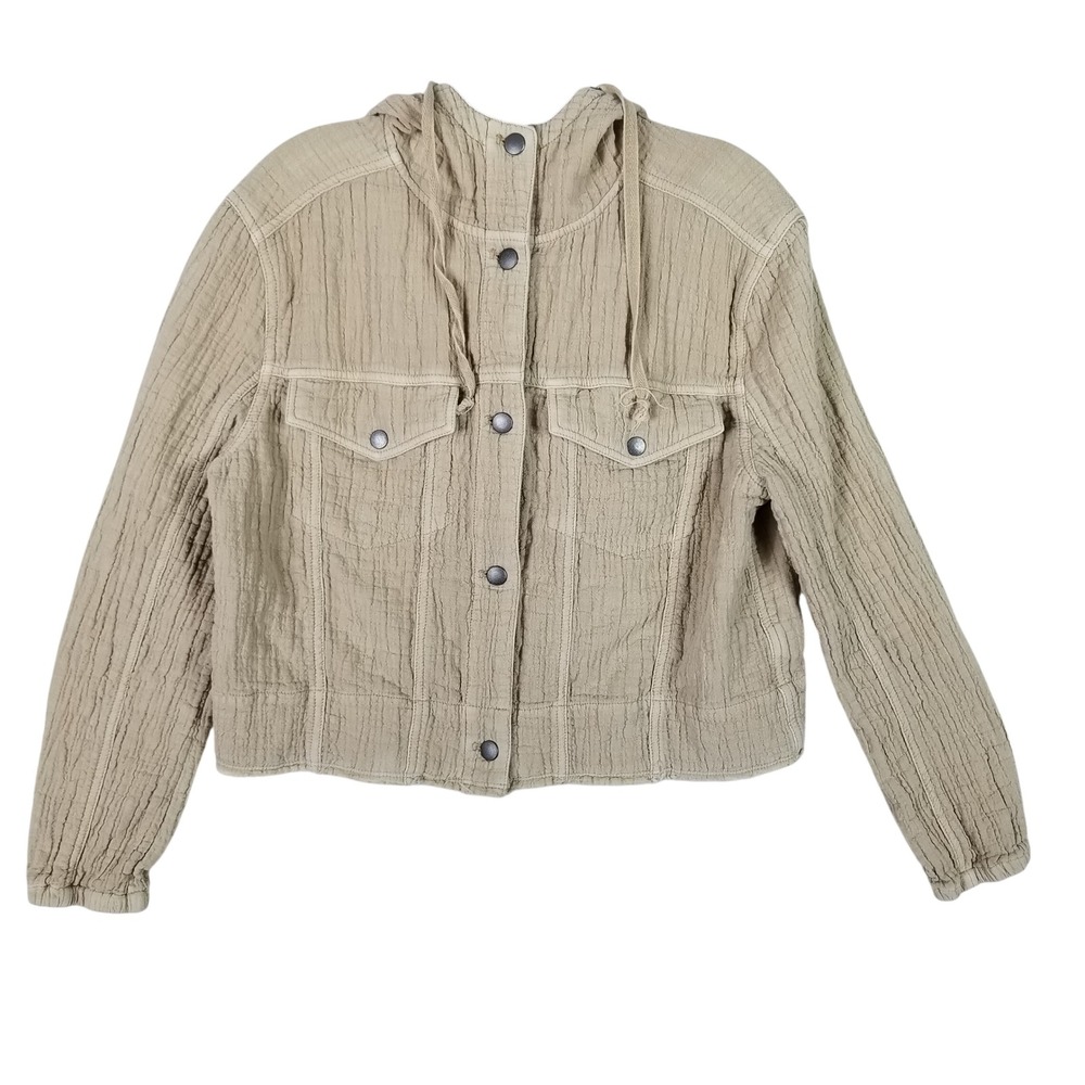 Evereve Hooded Jacket Women XS Khaki Cotton Crinkle Gauze Snap Front RR50481